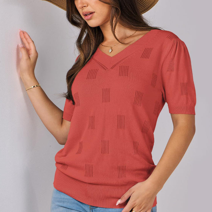 V-neck Lightweight Thin Knit Sweater With Short Sleeves - ELITE EMPORIUM