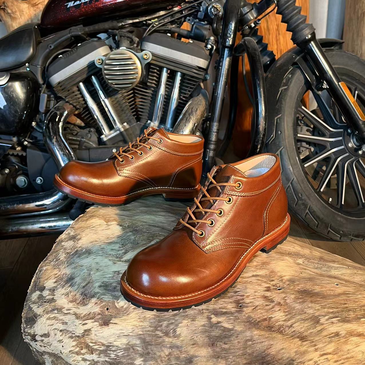 Retro GOOD YEAR Craft Black Motorcycle Handmade Boots - ELITE EMPORIUM