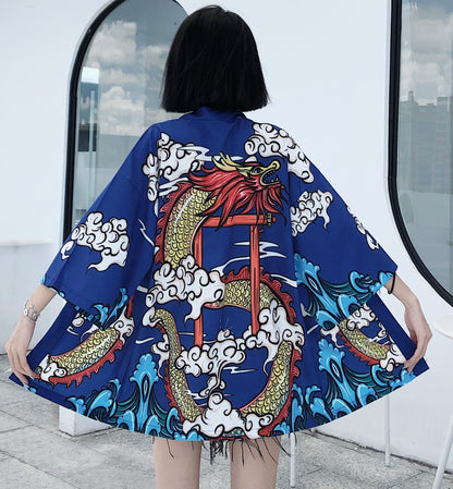 Yukatax Haori Fashion Anime Dragon Print Japanese Kimono Cardigan Summer Women Belt Costume Clothing Black Jacket Shirt Cosplay - ELITE EMPORIUM