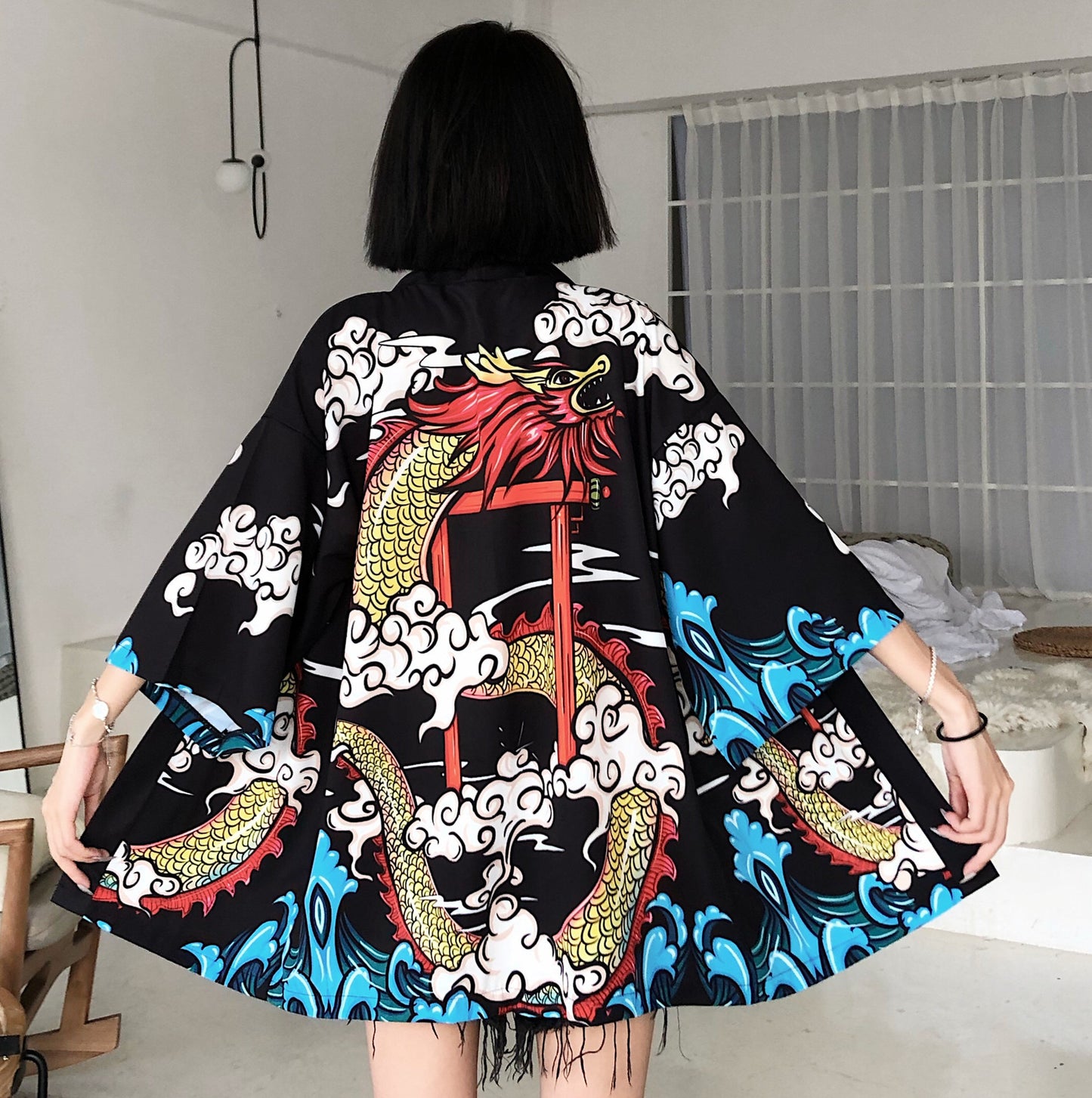 Yukatax Haori Fashion Anime Dragon Print Japanese Kimono Cardigan Summer Women Belt Costume Clothing Black Jacket Shirt Cosplay - ELITE EMPORIUM