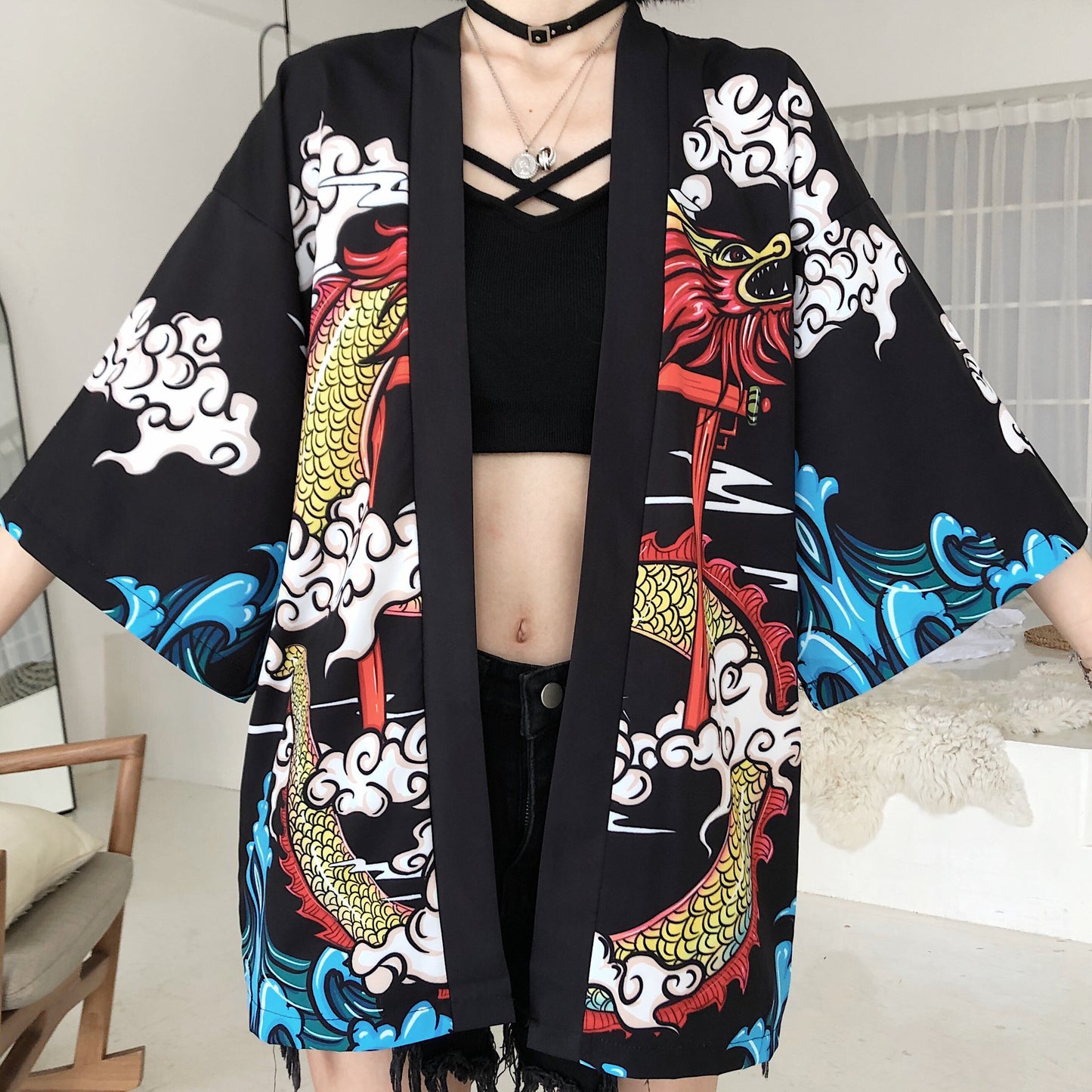 Yukatax Haori Fashion Anime Dragon Print Japanese Kimono Cardigan Summer Women Belt Costume Clothing Black Jacket Shirt Cosplay - ELITE EMPORIUM