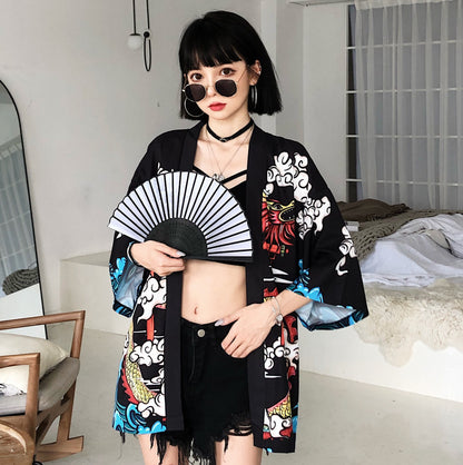 Yukatax Haori Fashion Anime Dragon Print Japanese Kimono Cardigan Summer Women Belt Costume Clothing Black Jacket Shirt Cosplay - ELITE EMPORIUM