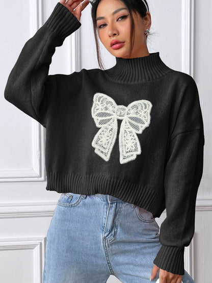 Women's Short Top Turtleneck Pullover Bow - ELITE EMPORIUM