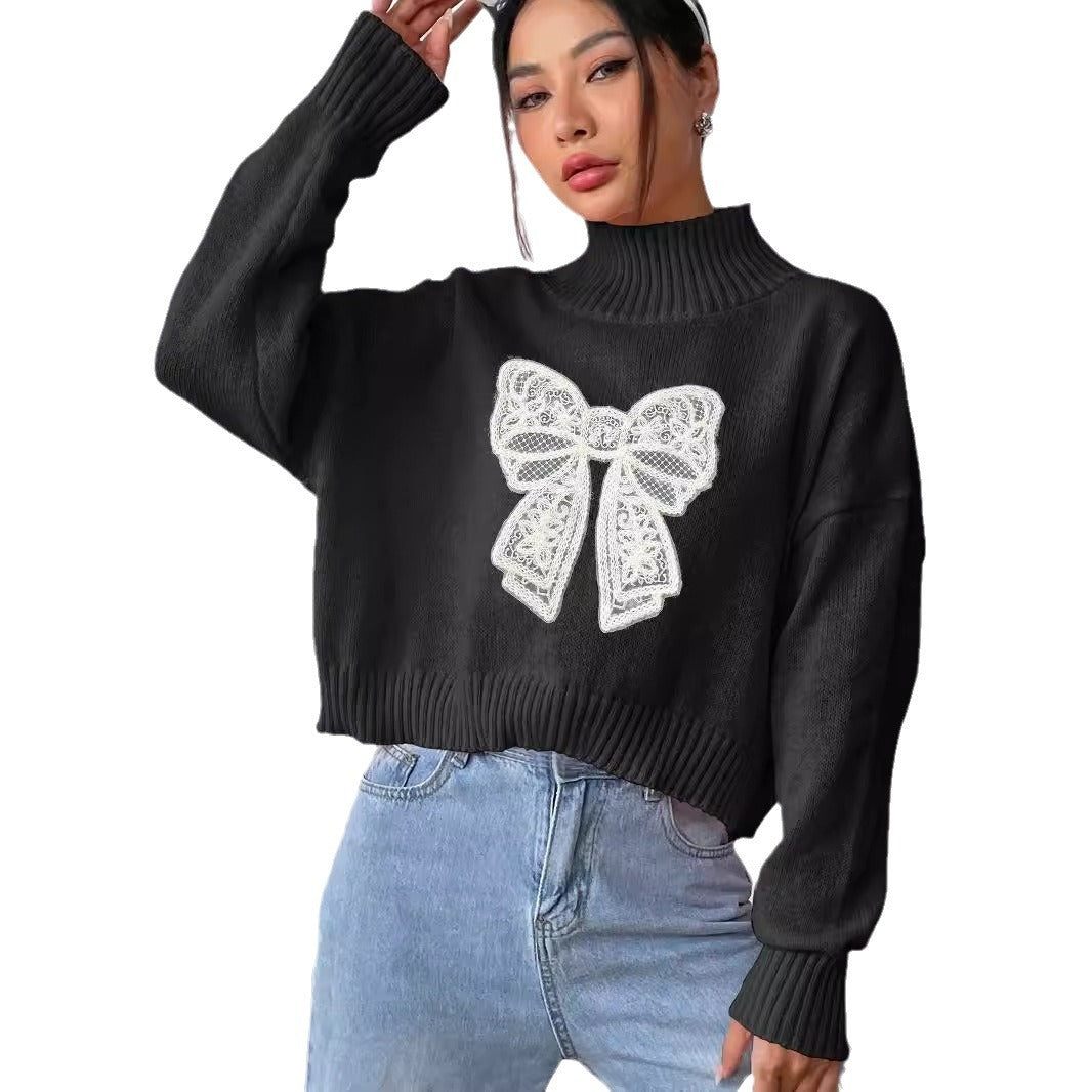 Women's Short Top Turtleneck Pullover Bow - ELITE EMPORIUM