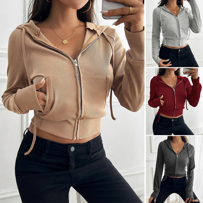 Women's Elegant Slim-fit Short Zipper Cardigan Hooded Coat - ELITE EMPORIUM