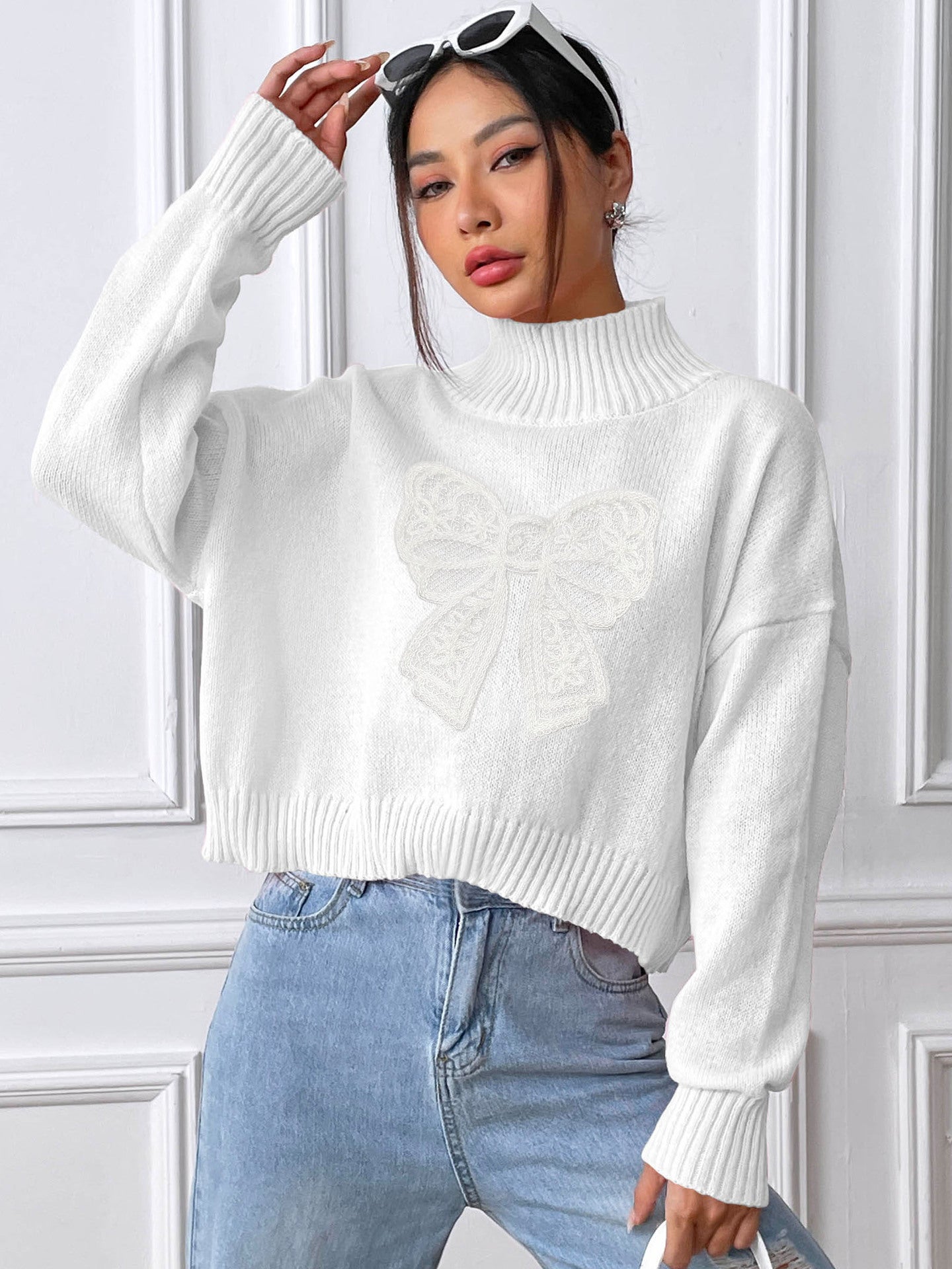 Women's Short Top Turtleneck Pullover Bow - ELITE EMPORIUM