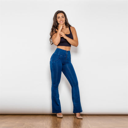 Women's High Waist Dark Blue Straight Tube Peach Jeans - ELITE EMPORIUM