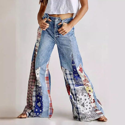 Retro Denim Stitching Button High Waist Wide Leg Jeans - ELITE EMPORIUM