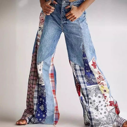 Retro Denim Stitching Button High Waist Wide Leg Jeans - ELITE EMPORIUM