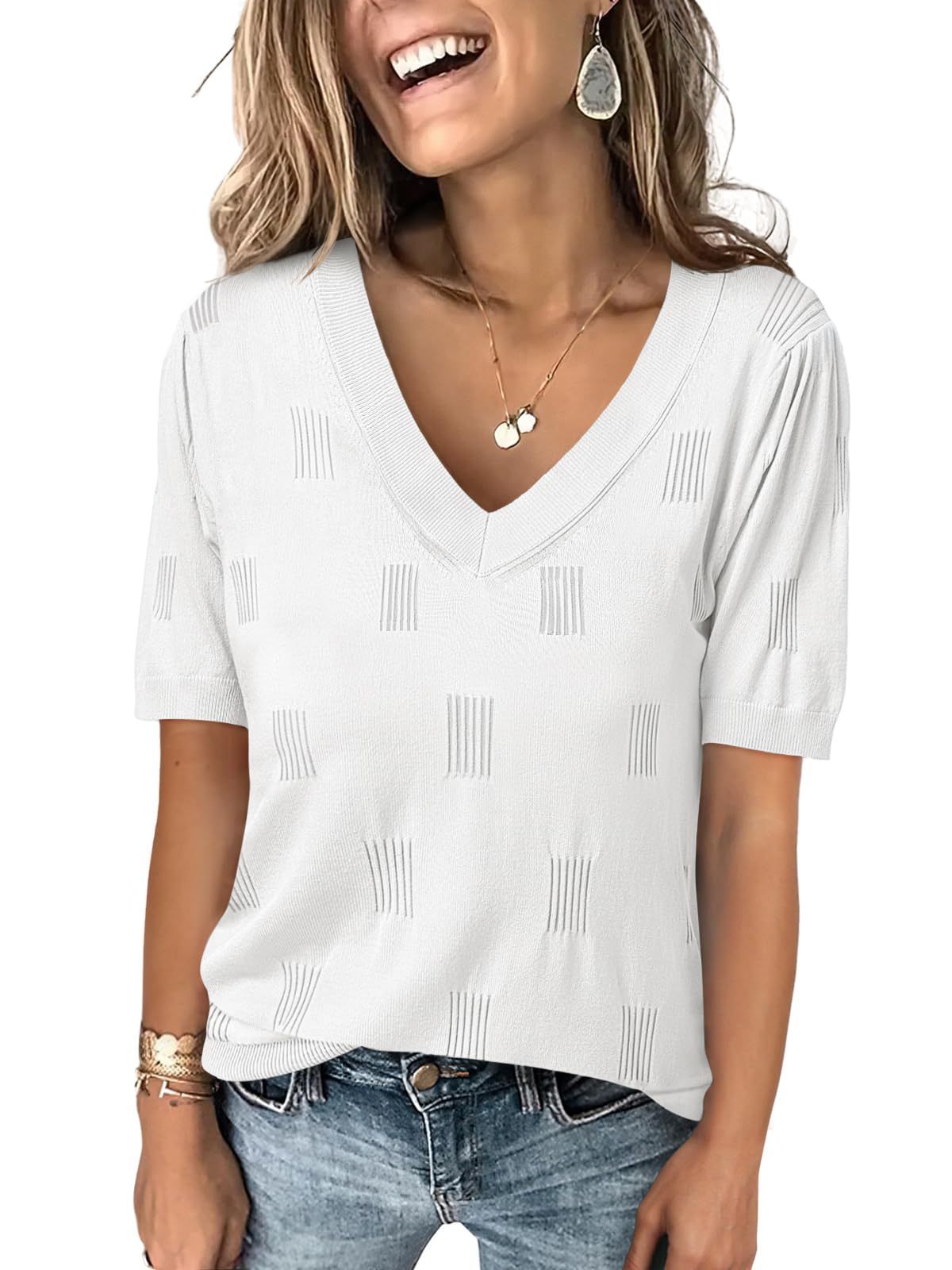 V-neck Lightweight Thin Knit Sweater With Short Sleeves - ELITE EMPORIUM