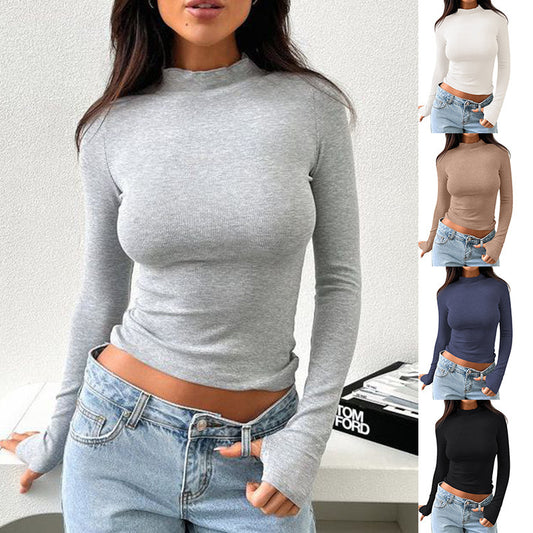 Women's Slim Fit Half-high Collar Long Sleeves Thumb Hole T-shirt - ELITE EMPORIUM