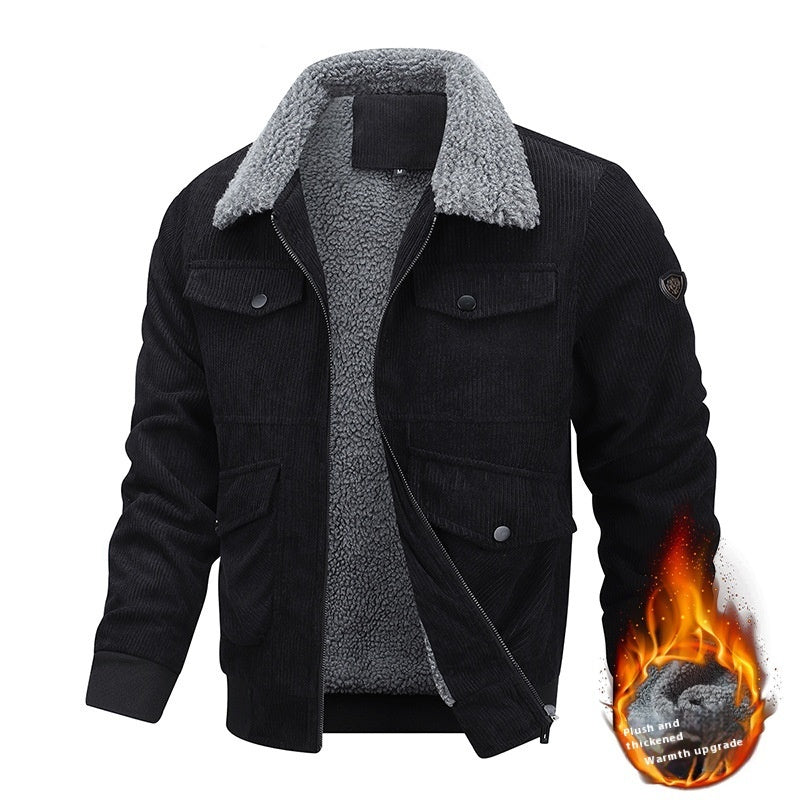 Winter Lapel Fleece Jacket With Pockets Warm Thicken Cotton Coat Men's Clothing - ELITE EMPORIUM