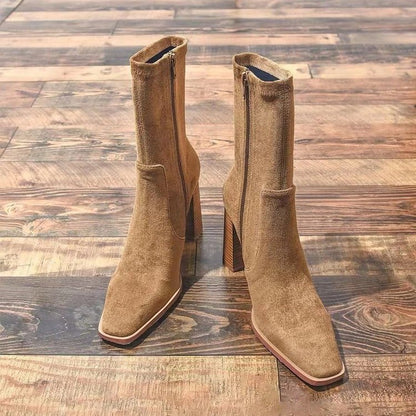 Short Boots Thick Heel Stretch Thin Boots Brown Boots - ELITE EMPORIUM