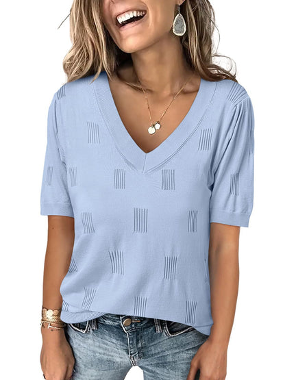 V-neck Lightweight Thin Knit Sweater With Short Sleeves - ELITE EMPORIUM