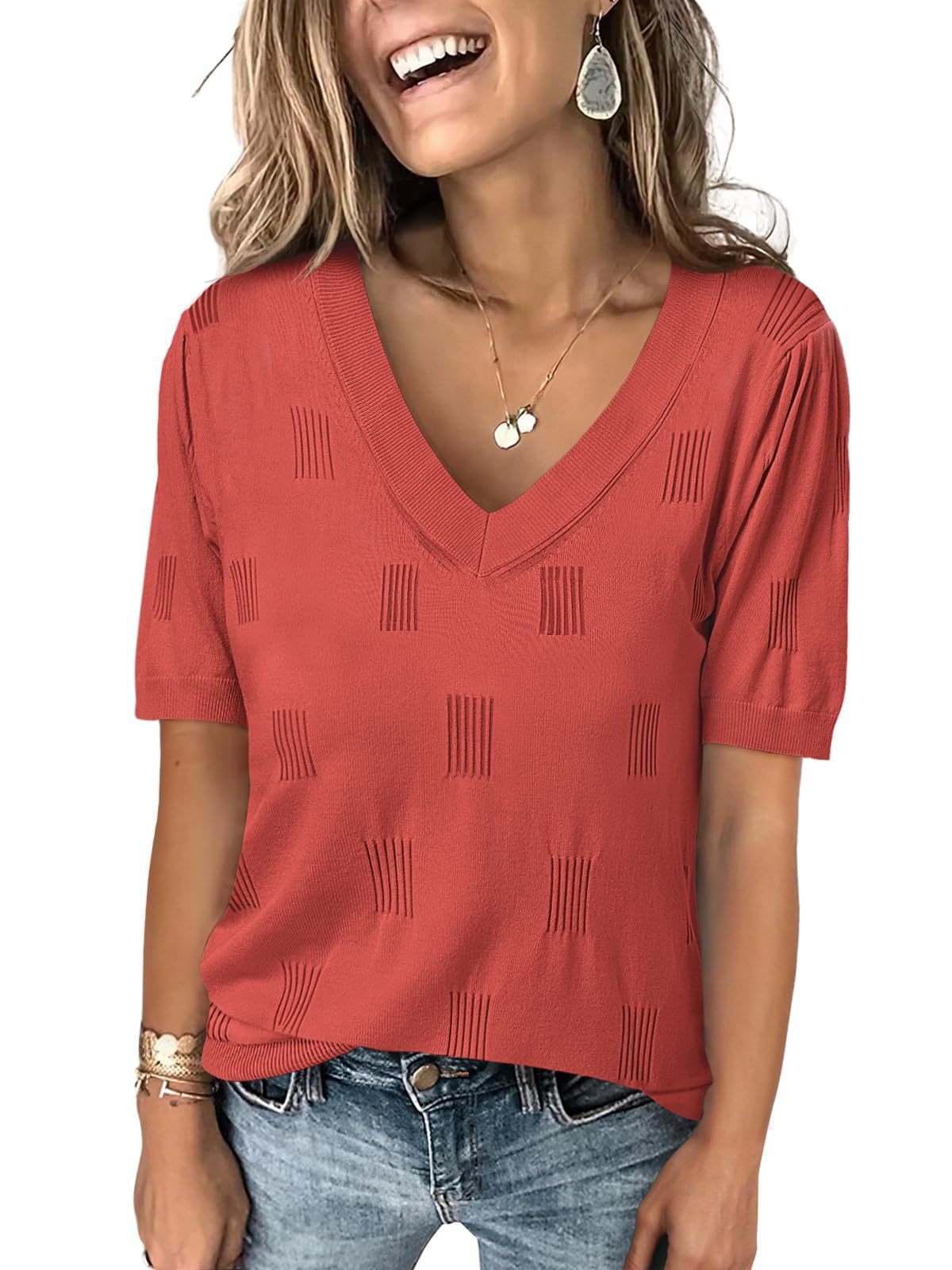 V-neck Lightweight Thin Knit Sweater With Short Sleeves - ELITE EMPORIUM