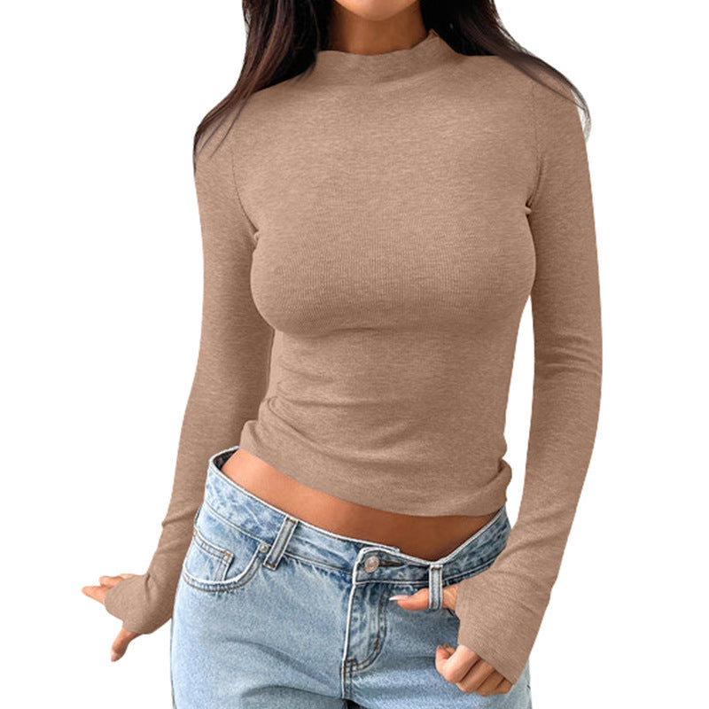 Women's Slim Fit Half-high Collar Long Sleeves Thumb Hole T-shirt - ELITE EMPORIUM