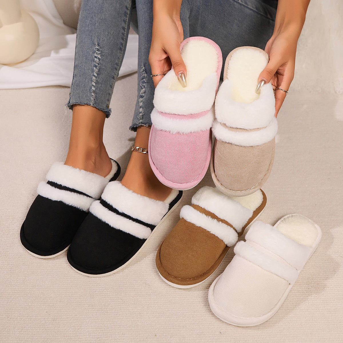 Rabbit Fur Cotton Slippers Fleece-lined Thickened Fluffy Slippers - ELITE EMPORIUM