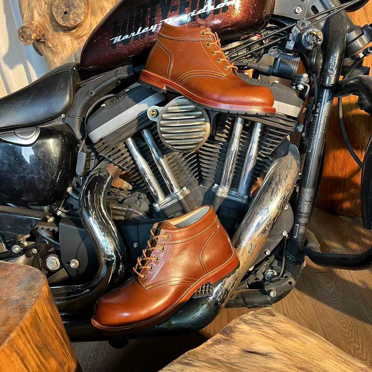 Retro GOOD YEAR Craft Black Motorcycle Handmade Boots - ELITE EMPORIUM