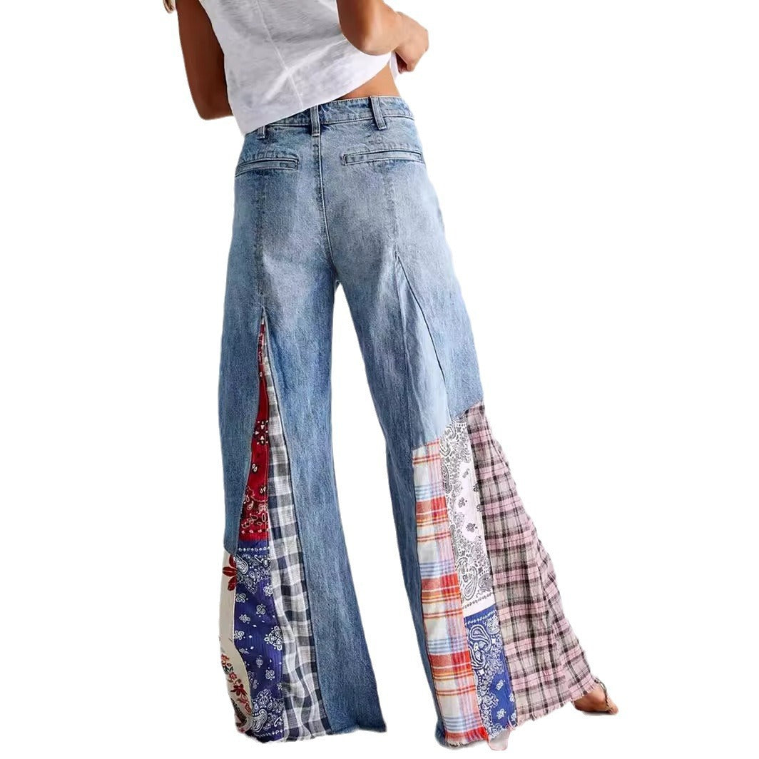 Retro Denim Stitching Button High Waist Wide Leg Jeans - ELITE EMPORIUM