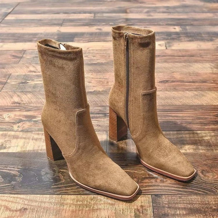 Short Boots Thick Heel Stretch Thin Boots Brown Boots - ELITE EMPORIUM