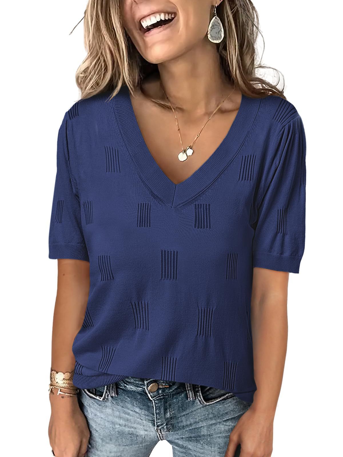 V-neck Lightweight Thin Knit Sweater With Short Sleeves - ELITE EMPORIUM