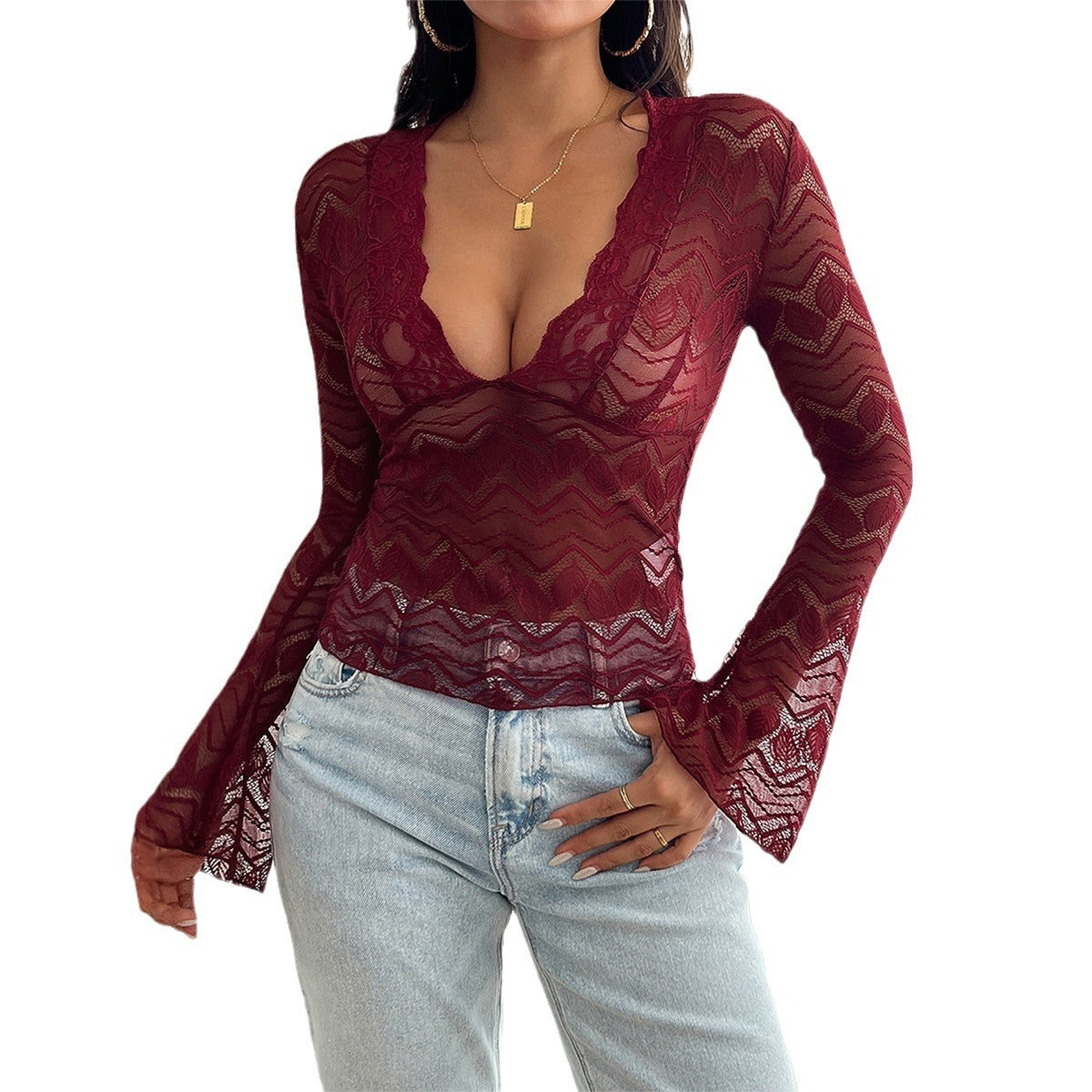 Women's Y2g Bell Sleeve Hollow Out V-neck Pullover Lace Shirt Top - ELITE EMPORIUM