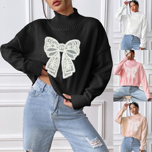 Women's Short Top Turtleneck Pullover Bow - ELITE EMPORIUM