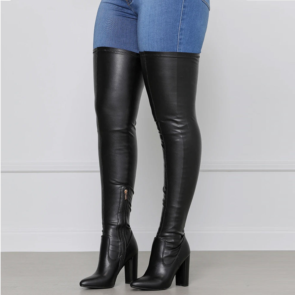 Side Zipper High Chunky Heel Plus Size Below The Knee Long Boots Female - ELITE EMPORIUM