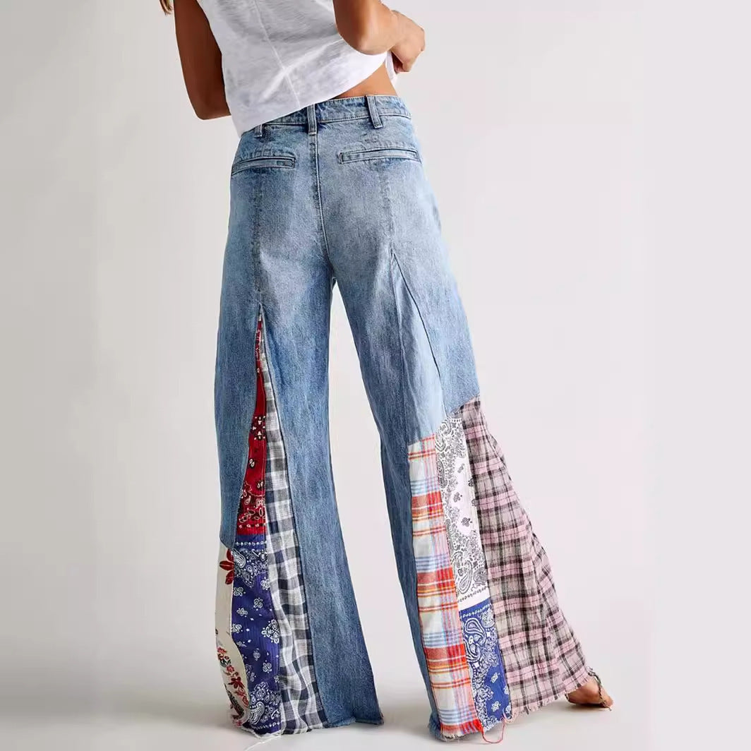 Retro Denim Stitching Button High Waist Wide Leg Jeans - ELITE EMPORIUM